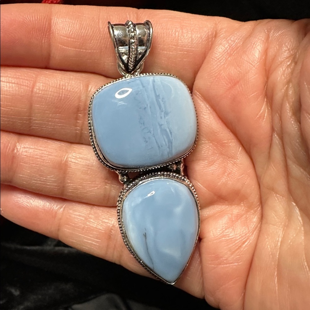 Blue Chalcedony (agate family) Pendant Artisan Jewelry Ornate Silver Handcraft